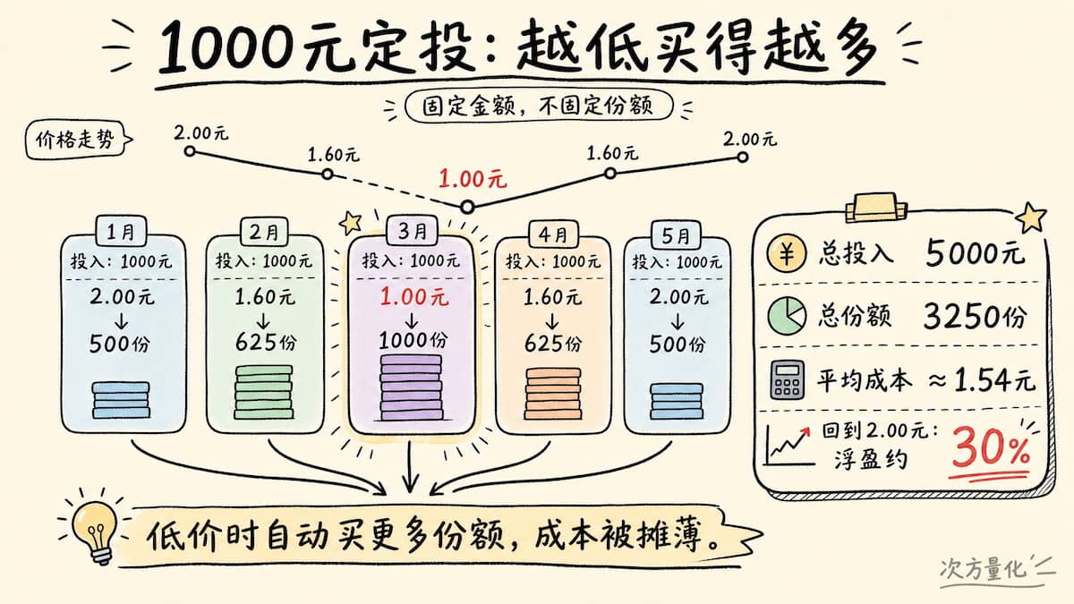 价格越低,同样金额买到的 ETF 份额越多